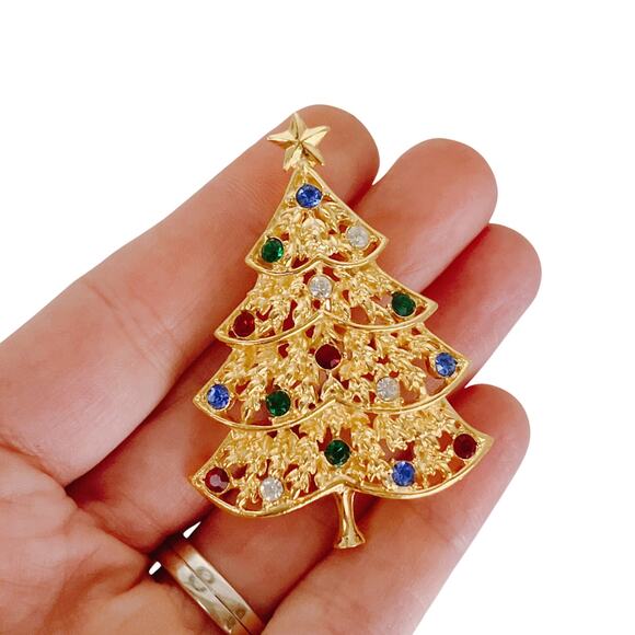 Christmas Tree Brooch Gold Tone Multi Color Rhinestone Festive Holiday Jewelry - Picture 3 of 9